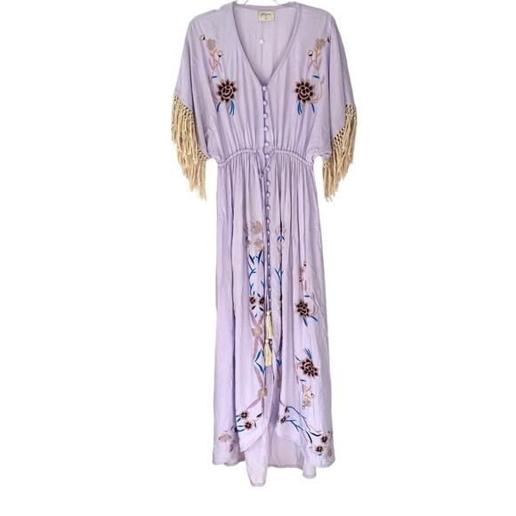 Fillyboo Lavender Embroidered Boho Fringe Maxi Dress size large - Picture 1 of 10